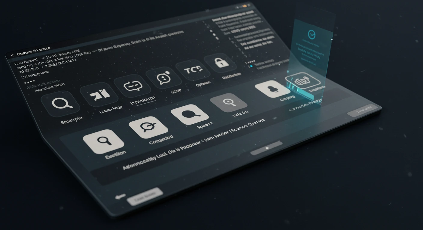 The image depicts a futuristic, holographic interface displayed on a sleek, transparent device. The interface features various icons representing different applications or functions, such as "Scopype," "Discover," "TCS," and "Add to Cart." A prominent section highlights an interactive element, possibly for user engagement or information retrieval. The overall design is modern and minimalistic, with a dark background that enhances the glowing effect of the holographic elements, suggesting advance