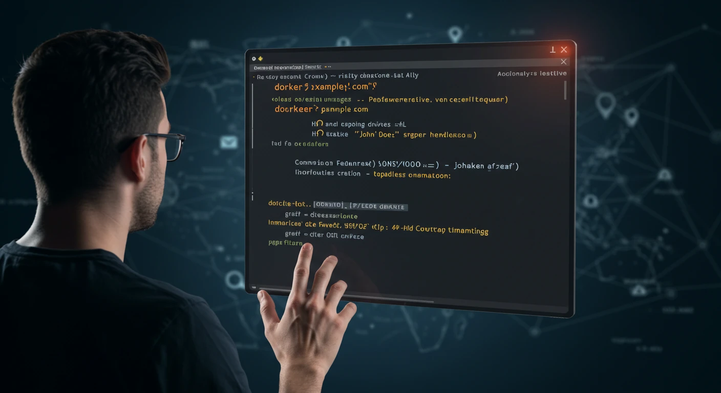 A person is seen from behind, interacting with a large, illuminated computer screen displaying lines of code in a programming environment. The screen features various programming commands and syntax, with a dark background that contrasts with the bright text. In the background, a network of interconnected nodes and lines suggests a digital or technological theme, emphasizing the concept of connectivity and data processing. The individual appears focused and engaged, suggesting a deep involvement