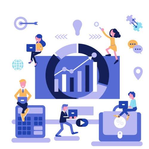 Illustration of a team working on digital marketing strategies, featuring a computer screen displaying analytics, graphs, and marketing-related icons such as a target, globe, and chat bubbles. The image conveys collaboration, data-driven decision-making, and online growth.